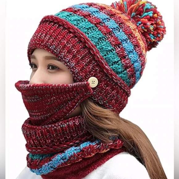 Accessories - New Face Mask Hat Red Winter Beanie Pom Pom Knit Fleece Lined